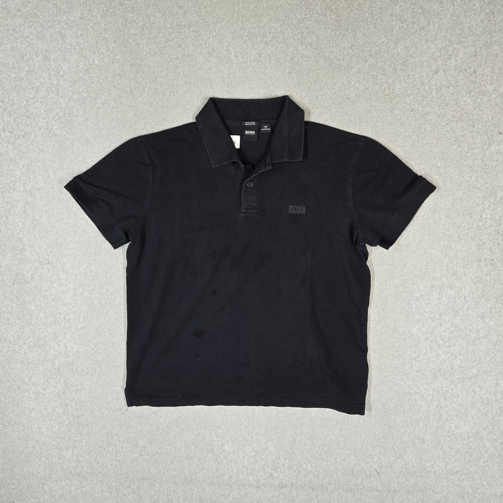 Hugo Boss Men Polo L Black Button Logo Short Sleeve Pima Cotton Regular Fit